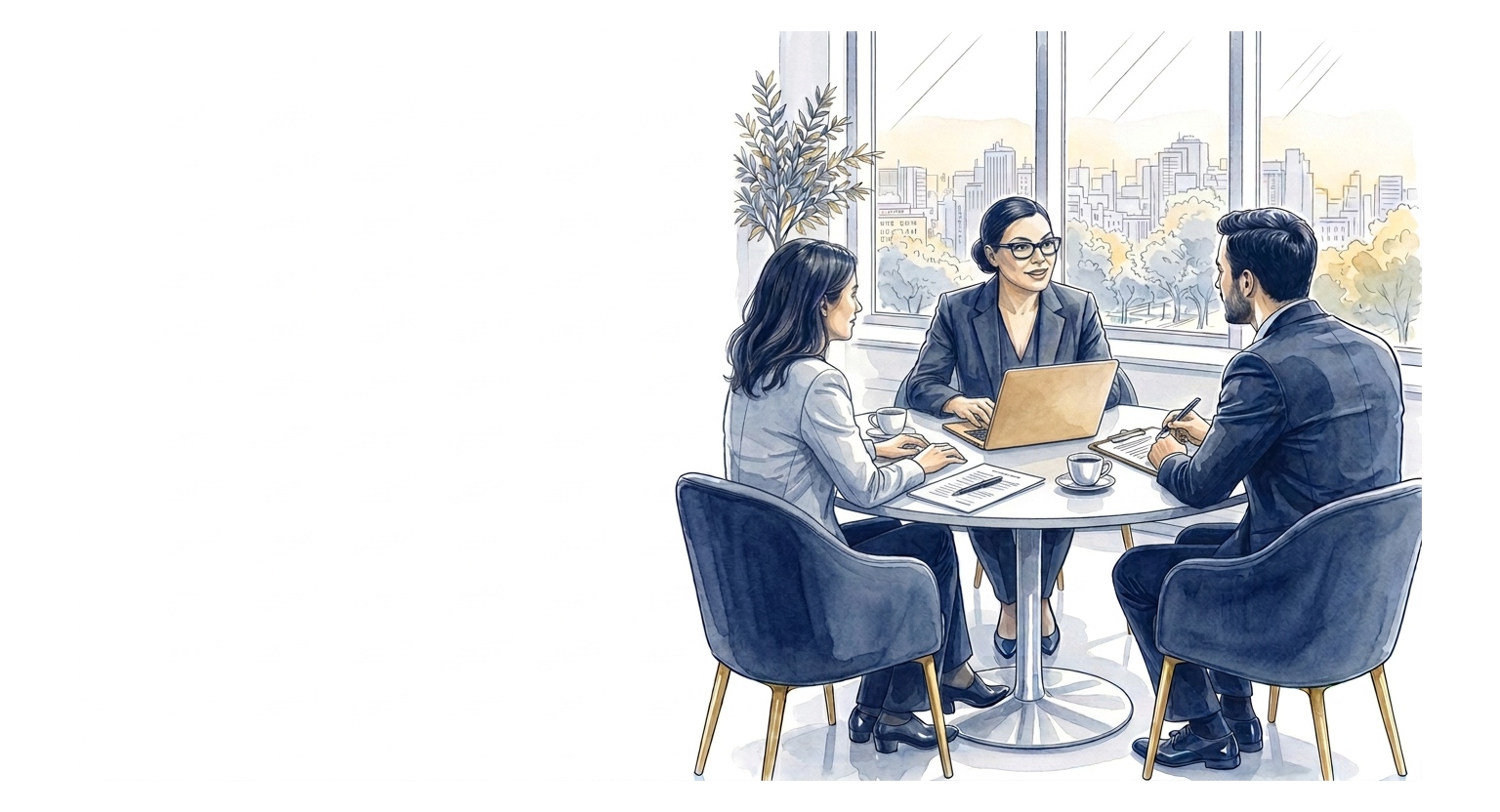 Illustration en croquis bleu et or : discussion de recouvrement amiable autour d'une table
