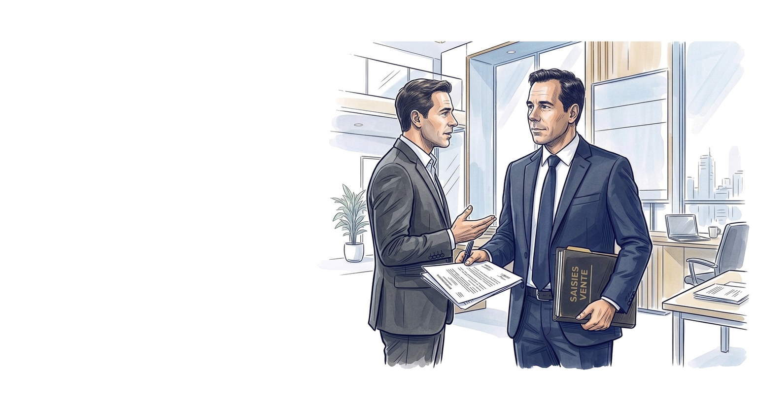Illustration en croquis bleu et or : analyse de dossier en vue d'une mesure d'exécution forcée