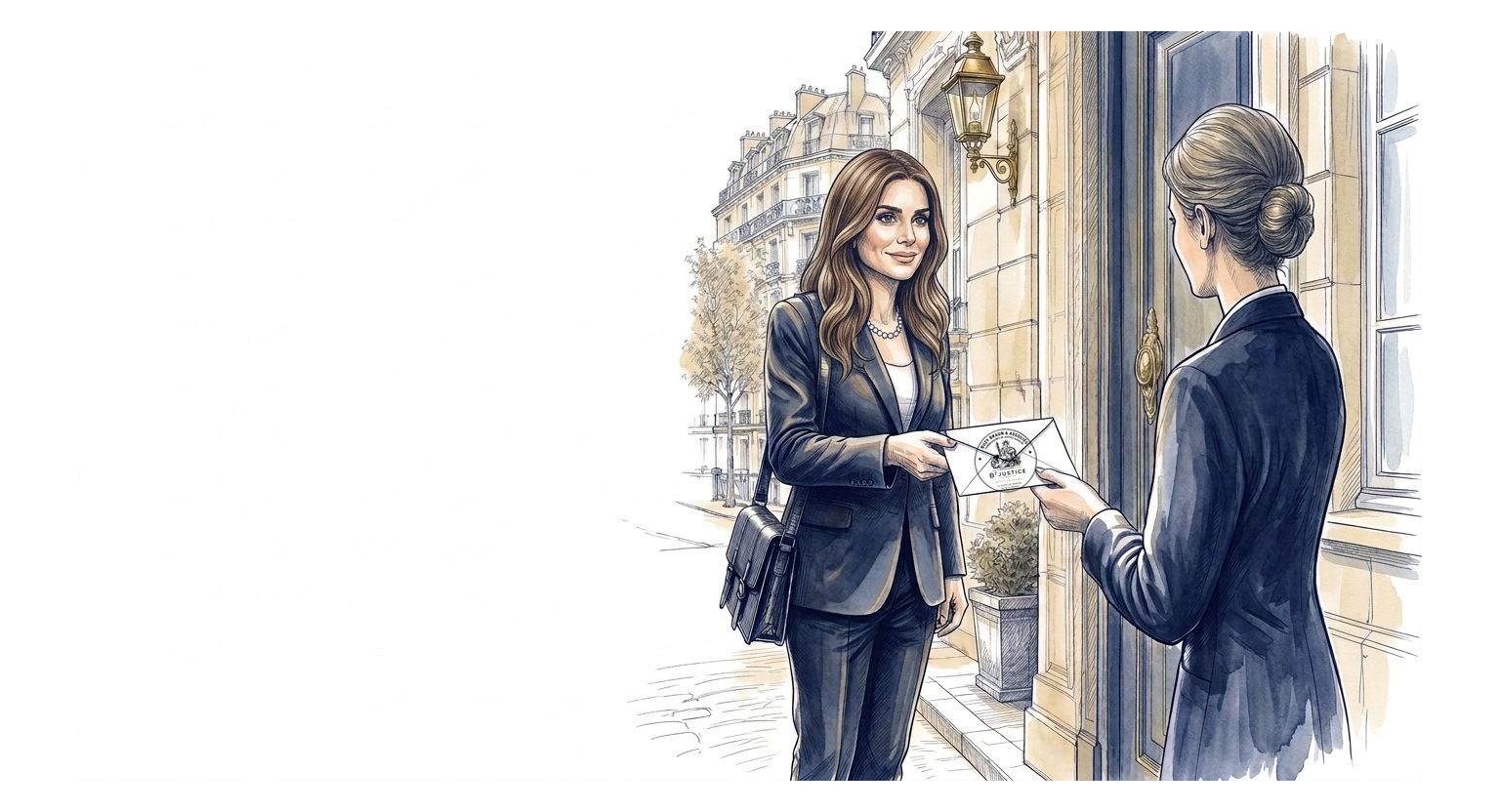Illustration en croquis bleu et or : remise d'un acte en main propre par un commissaire de justice