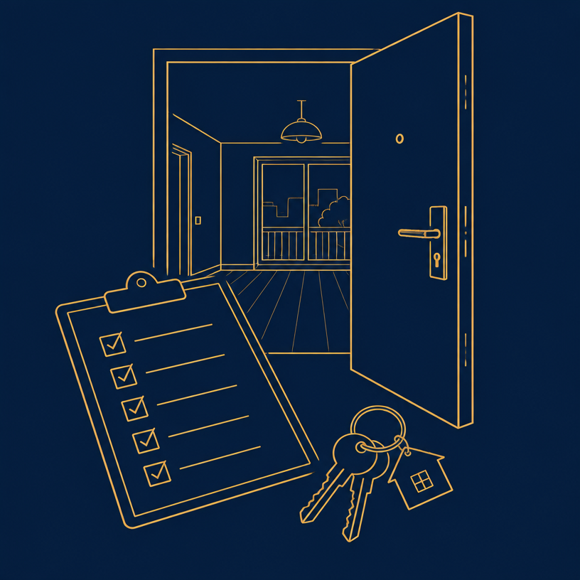 Illustration : porte d'appartement, liste de contrôle et clés
