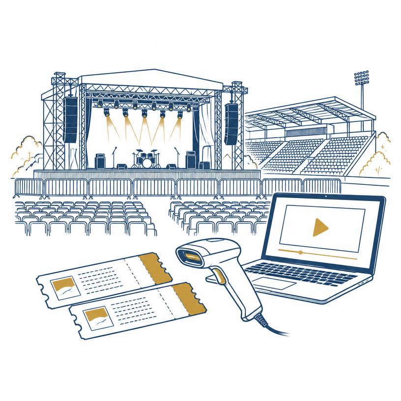 Croquis d'une scène de concert, de tribunes, de billets, d'un lecteur de billets et d'une diffusion sur ordinateur
