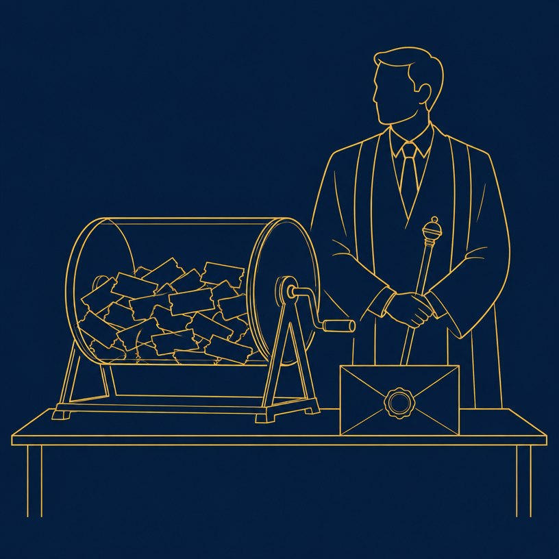 Illustration : tambour de tirage au sort et enveloppe scellée
